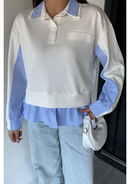 Kadın Polo Yaka Gömlek Garnili Sweatshirt P-00019010