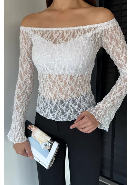 Kadın Madonna Yaka Ispanyol Kol Likralı Transparan Bluz P-00019008