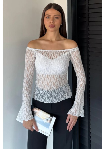 Kadın Madonna Yaka Ispanyol Kol Likralı Transparan Bluz P-00019008 fiyatları