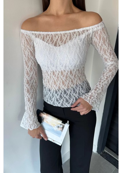 Kadın Madonna Yaka Ispanyol Kol Likralı Transparan Bluz P-00019008 modelleri