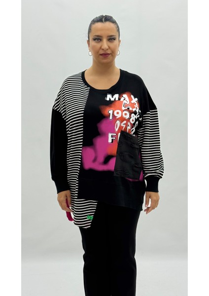 Büyük Beden Cepli Çizgili Taş Detaylı Uzun Kol Oversize Kadın Sweatshirt