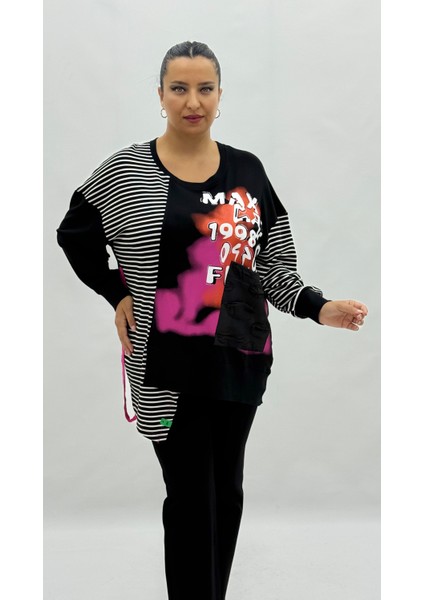 Büyük Beden Cepli Çizgili Taş Detaylı Uzun Kol Oversize Kadın Sweatshirt fiyatları