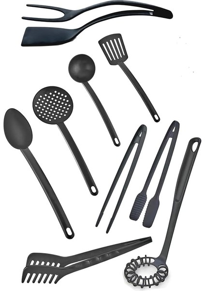 9 Parça Yanmaz Yapışmaz Teflon Kaplama Servis Seti Kepçe Kevgir Spatula Kaşık Plastik Servis Takımı