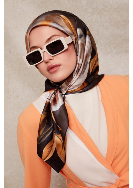 Füme Çiçek Desenli Twill Ipek Eşarp