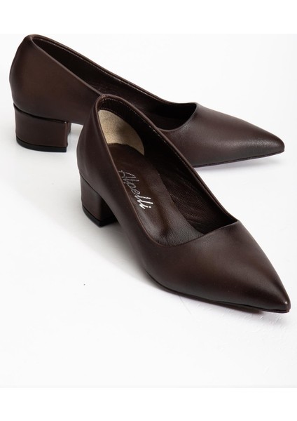 Kadın Hakiki Deri Kahverengi Sivri Burun Özel Tasarım Klasik Topuklu Ayakkabı fırsatları