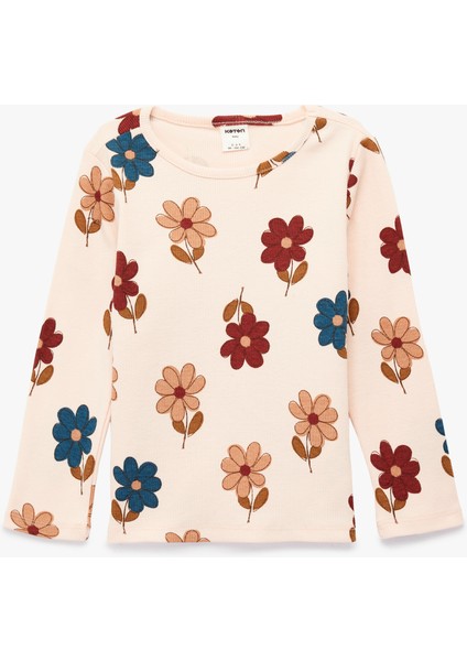Pamuklu Uzun Kollu Bisiklet Yaka Çiçekli Tişört