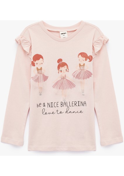 Balerin Baskılı Uzun Kollu Bisiklet Yaka Pamuklu Tişört