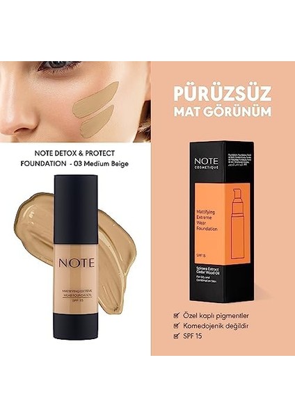 Note Mattifying Extreme Wear 03 Medium Beige Mat Bitişli Spf 15 Kapatıcı Fondöten