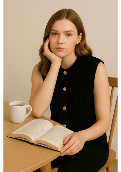 Kadın Önü Gold Düğmeli Örgülü Oversize Kolsuz Triko Yelek fiyatları