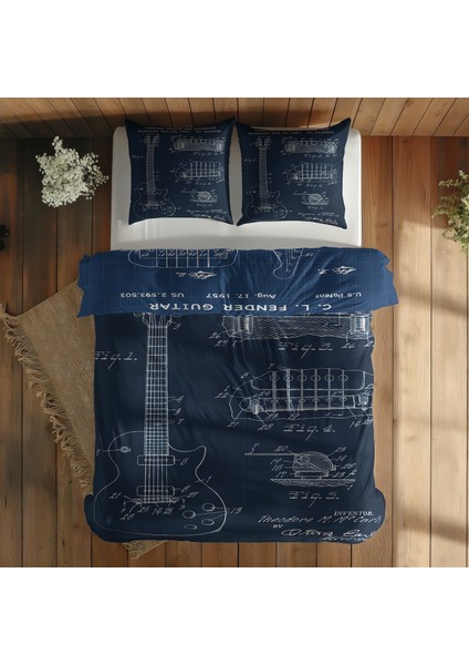 Fender Stratocaster Blueprint & Gibson Les Paul Navy Blue Nevresim Takımı - 200 cm x 220 cm modelleri