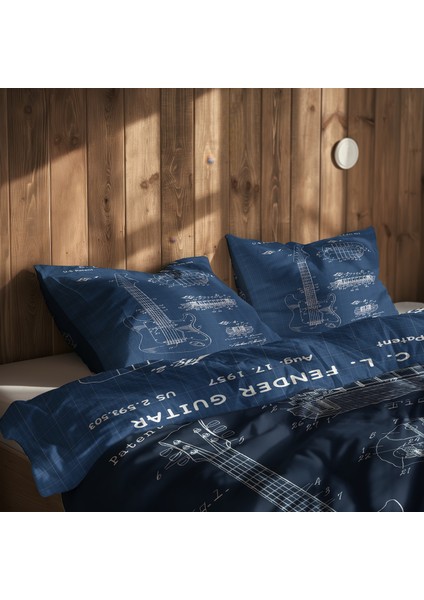 Fender Stratocaster Blueprint & Gibson Les Paul Navy Blue Nevresim Takımı - 200 cm x 220 cm fırsatları