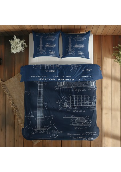 Fender Stratocaster Blueprint & Gibson Les Paul Navy Blue Nevresim Takımı - 200 cm x 220 cm indirimleri