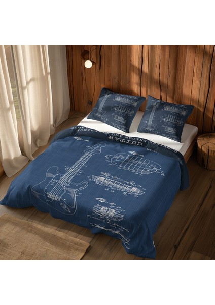 Fender Stratocaster Blueprint & Gibson Les Paul Navy Blue Nevresim Takımı - 200 cm x 220 cm