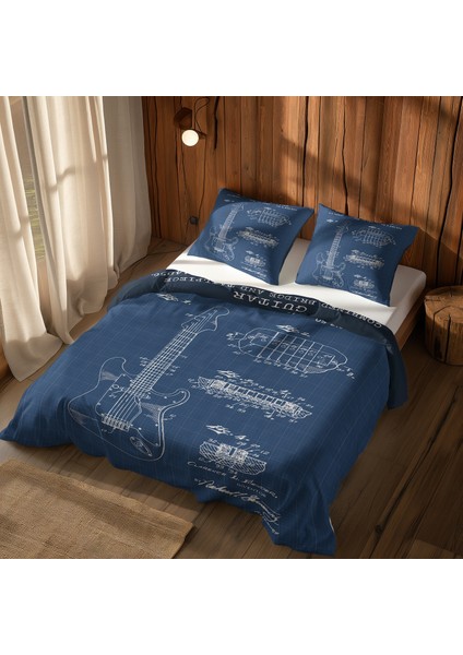 Fender Stratocaster Blueprint & Gibson Les Paul Navy Blue Nevresim Takımı - 200 cm x 220 cm