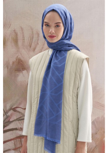 Vence Çift Taraflı Geometrik Desen Ipek Şal Indigo