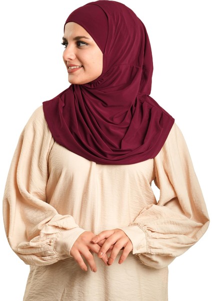 Bordo Pratik Hazır Geçmeli Tesettür Eşarp Sandy Kumaş Kendinden Boneli 1290_16 modelleri