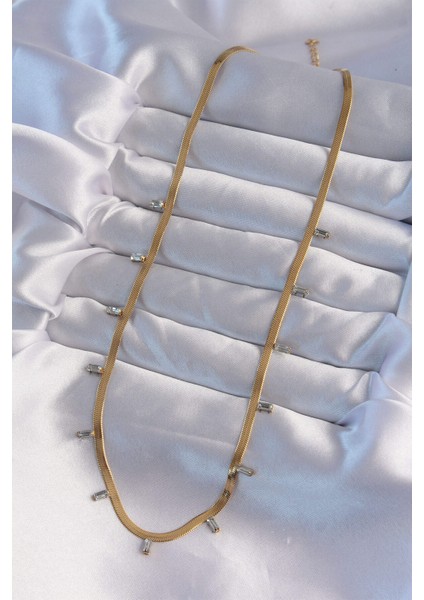 316L Çelik Gold Renk Baget Taşlı Italyan Zincir Kolye fiyatları