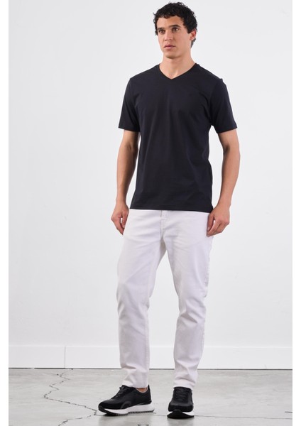 Siyah V Yaka Pamuklu Düz Renk Slim Fit Erkek T-shirt fiyatları