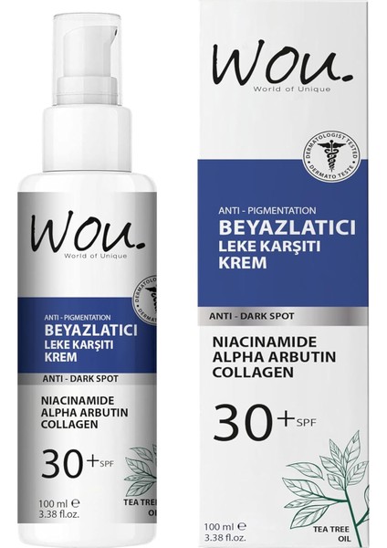 Wou. World Of Unique Anti Dark Spot Beyazlatıcı Leke Karşıtı, Niacinamide,alpha Arbutin, Collagen Krem SPF30 100ML