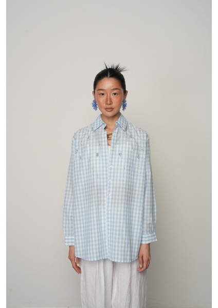 Robası Taş Işlemeli Oversize Pötikare Kadın Gömlek - Pembe Ekose