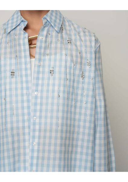 Robası Taş Işlemeli Oversize Pötikare Kadın Gömlek - Pembe Ekose fiyatları