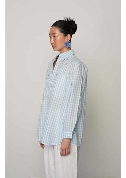 Robası Taş Işlemeli Oversize Pötikare Kadın Gömlek - Pembe Ekose fırsatları