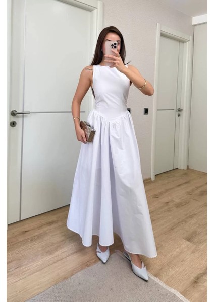 Sifir Kol Beli Oturtmalı Kolsuz Uzun Elbise - Beyaz fiyatları