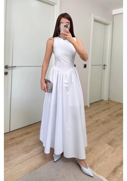 Sifir Kol Beli Oturtmalı Kolsuz Uzun Elbise - Beyaz indirimleri