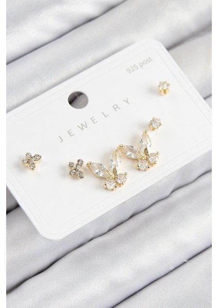 Pirinç Zirkon Taşlı Kelebek Model Gold Renk 925 Ayar Gümüş Çivi Kadın Küpe Set