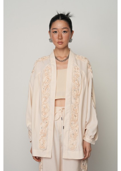 Kadın Şerit Gül ve Taş Detaylı Düz Oversize Kimono
