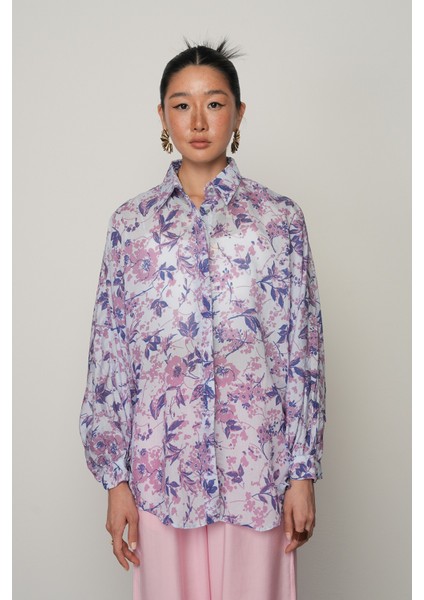 Kadın Kolları Bağlamalı Mavi Renk Çiçek Desenli Oversize Gömlek