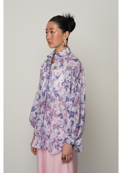 Kadın Kolları Bağlamalı Mavi Renk Çiçek Desenli Oversize Gömlek fiyatları