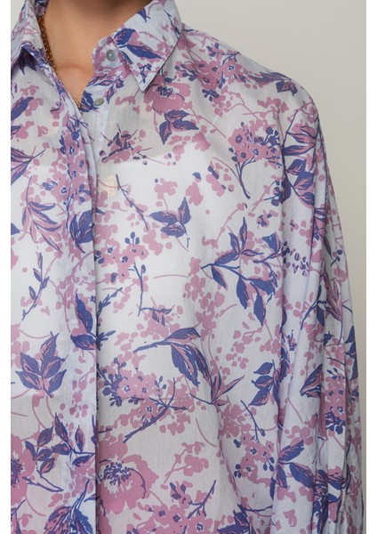 Kadın Kolları Bağlamalı Mavi Renk Çiçek Desenli Oversize Gömlek modelleri