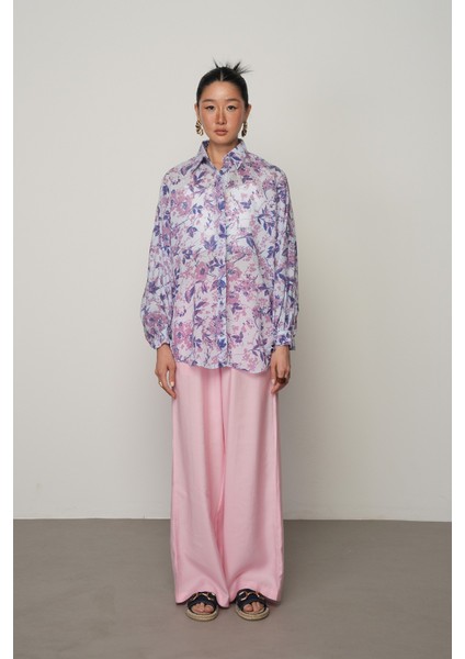 Kadın Kolları Bağlamalı Mavi Renk Çiçek Desenli Oversize Gömlek fırsatları