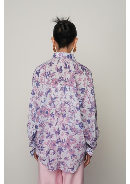 Kadın Kolları Bağlamalı Mavi Renk Çiçek Desenli Oversize Gömlek indirimleri