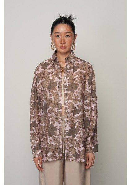 Kadın Pudra-Kahve Renk Çiçek Desenli Oversize Kesim Gömlek