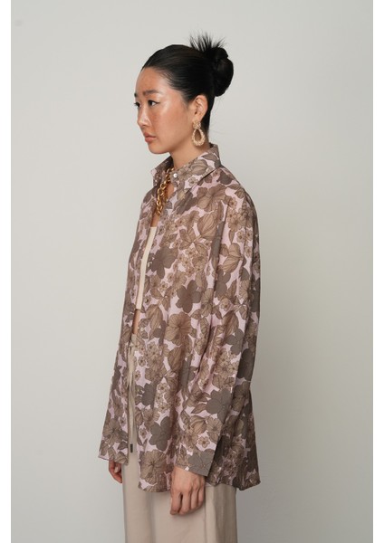 Kadın Pudra-Kahve Renk Çiçek Desenli Oversize Kesim Gömlek fiyatları