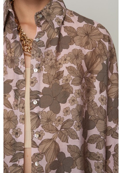 Kadın Pudra-Kahve Renk Çiçek Desenli Oversize Kesim Gömlek modelleri