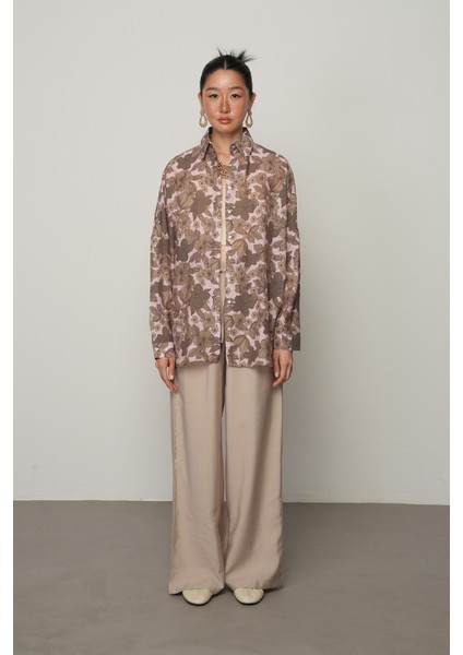 Kadın Pudra-Kahve Renk Çiçek Desenli Oversize Kesim Gömlek fırsatları