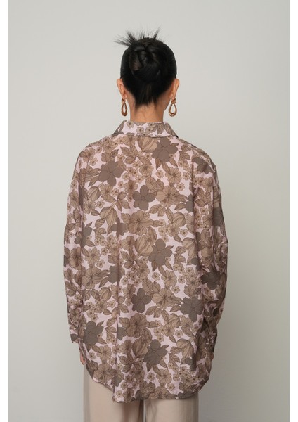 Kadın Pudra-Kahve Renk Çiçek Desenli Oversize Kesim Gömlek indirimleri