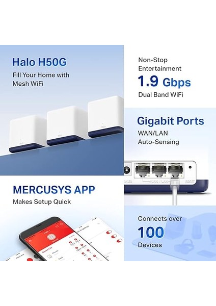 Halo H50G 3-Pack, AC1900MBPS, Dual-Band, Gigabit Portları, 100'E Kadar Cihaz Bağlanabilir, 550 M²'ye Kadar Kapsama, Akıllı Bağlantı, Mobil Uygulama ile Kolay Kurulum, Wi-Fi 5 Mesh Sistemi modelleri