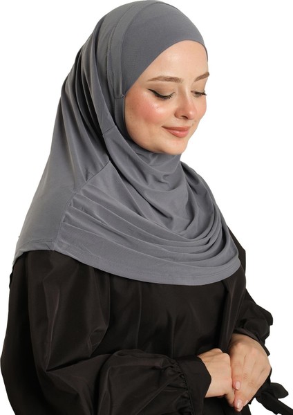 Antrasit Pratik Hazır Geçmeli Tesettür Eşarp Sandy Kumaş Kendinden Boneli 1290_25 modelleri