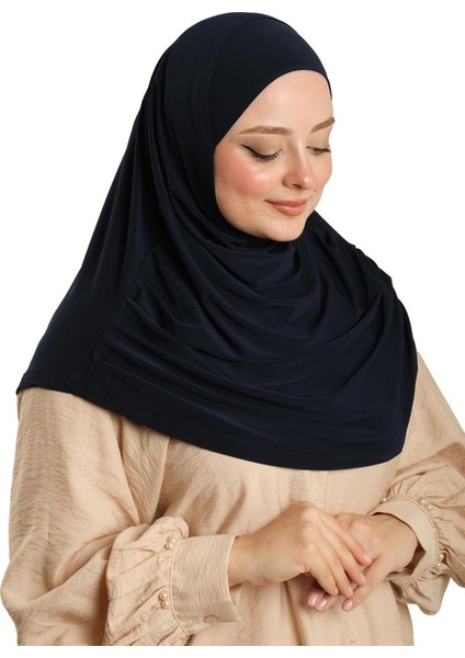 Lacivert Pratik Hazır Geçmeli Tesettür Eşarp Sandy Kumaş Kendinden Boneli 1290_02 modelleri