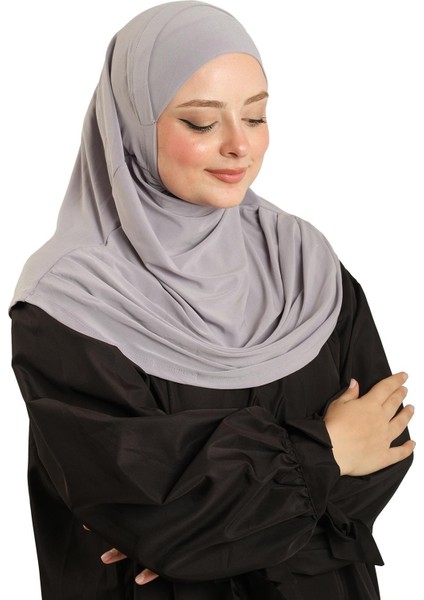 Gri Pratik Hazır Geçmeli Tesettür Eşarp Sandy Kumaş Kendinden Boneli 1290_15 modelleri