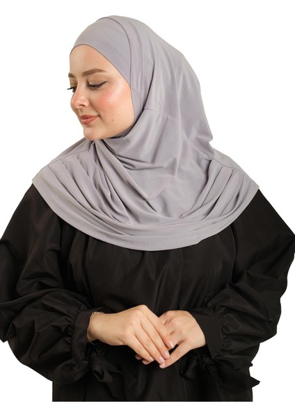 Gri Pratik Hazır Geçmeli Tesettür Eşarp Sandy Kumaş Kendinden Boneli 1290_15 fırsatları