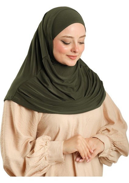 Haki Pratik Hazır Geçmeli Tesettür Eşarp Sandy Kumaş Kendinden Boneli 1290_09 modelleri