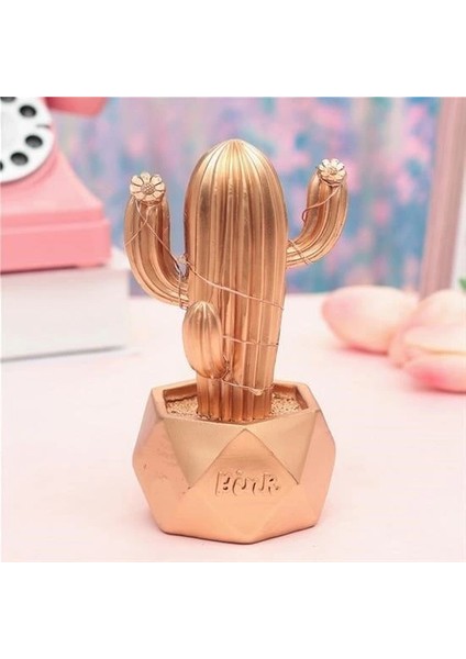 LED Işıklı Sevimli Kaktüs Dekoratif Masa Ası Mini Biblo Gece Ası-Gold