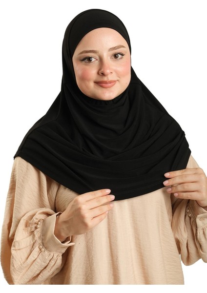 Siyah Pratik Hazır Geçmeli Tesettür Eşarp Sandy Kumaş Kendinden Boneli 1290_01 fiyatları