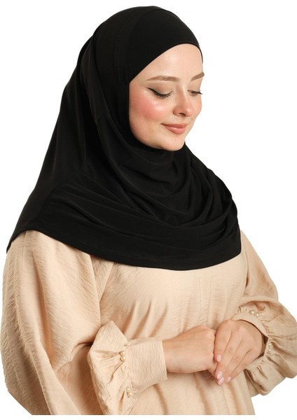 Siyah Pratik Hazır Geçmeli Tesettür Eşarp Sandy Kumaş Kendinden Boneli 1290_01 modelleri