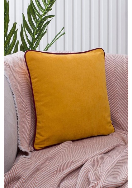 Renk Seçenekli Bordo Biyeli Sarı Kırlent Kılıfı Dekoratif Düz Sade Panoroma Panbiy Sarı Bordo 45X45